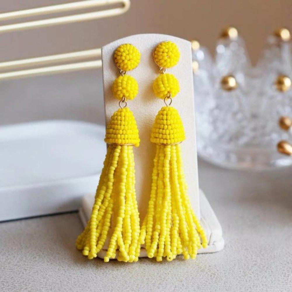 Anthropologie BaubleBar Granita Beaded Tassel Earrings Chartreuse